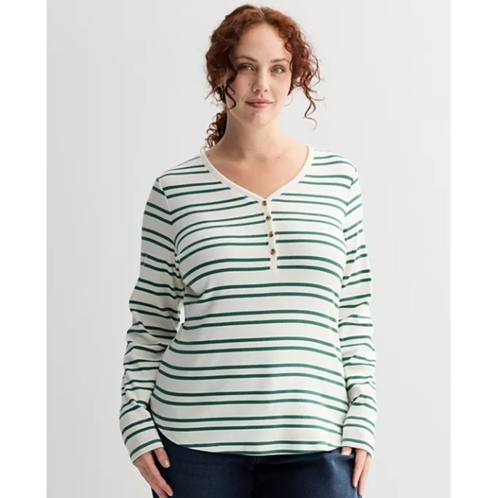 Sonoma Goods Henley Top Women's Plus Size 4X Green Stripe Ribbed Long Sleeve NWT